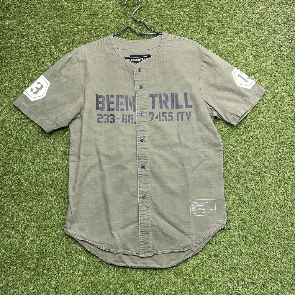 BEEN TRILL Shirt Mens Medium Green Button Up Short Sleeve Streetwear 13 Patch
